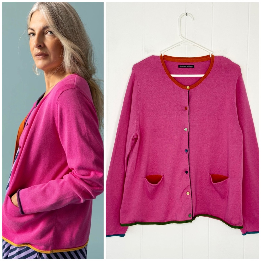 Gudrun Sjoden Pink Button Down Cardigan Colorblock Flower Women’s Size Large